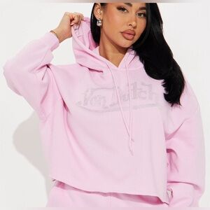 NWT SIZE LARGE Von Dutch Women's Rhinestone-Logo Crop Hoodie Pink